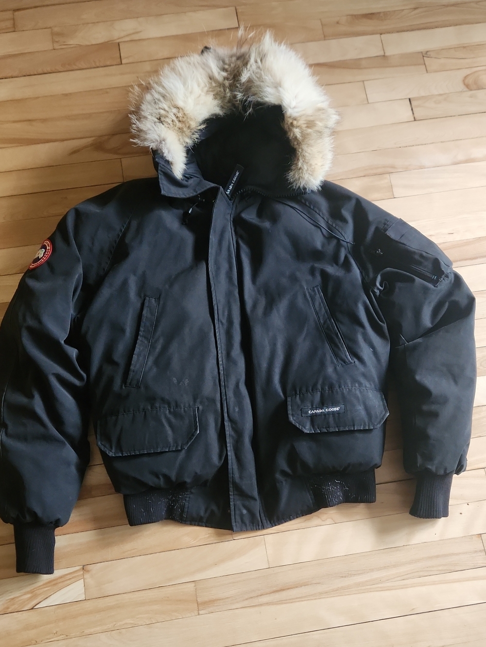 Canada Goose Black Men's Bomber-Style Puffer Jacket with Fur-Trim Hood